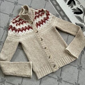 Decree Beige and Red Nordic Button-Up Turtleneck Cardigan